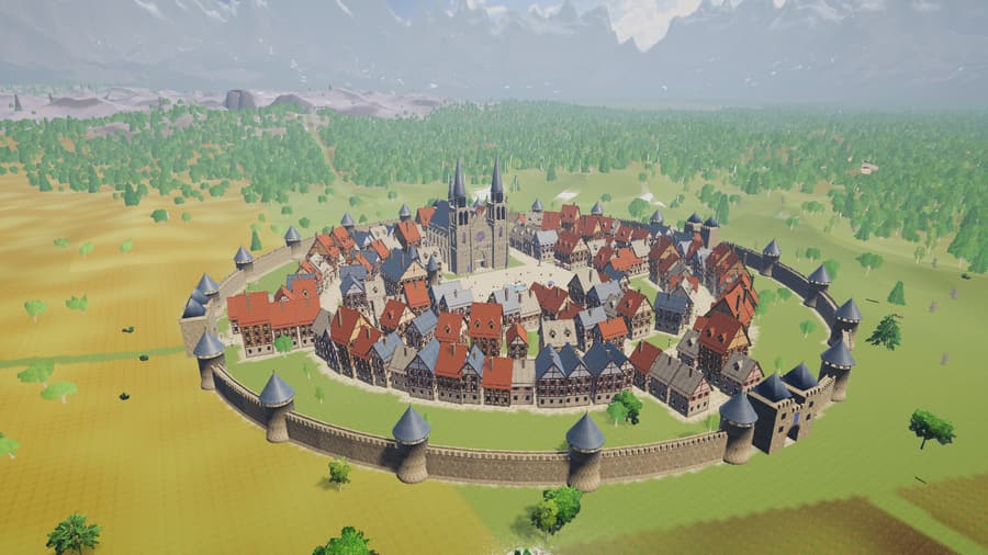 Ashenvale from above, a walled town ringed by mountains