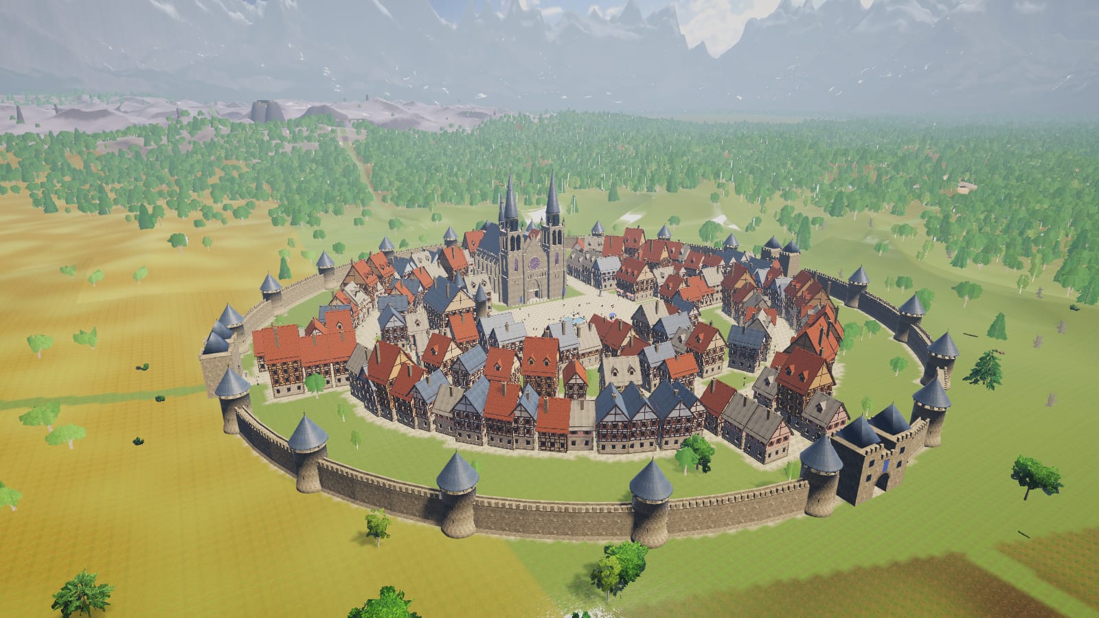 Ashenvale from above: a walled town of red roofs and cathedral spires, ringed by mountains