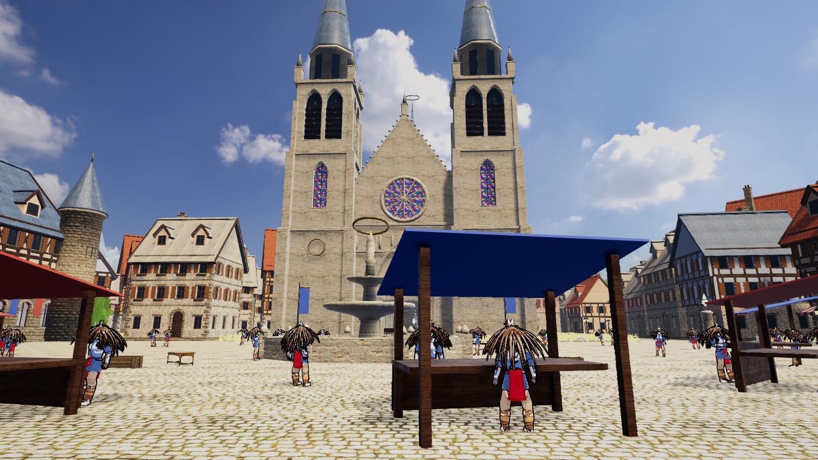Ashenvale's plaza: market stalls under awnings before the cathedral's twin spires