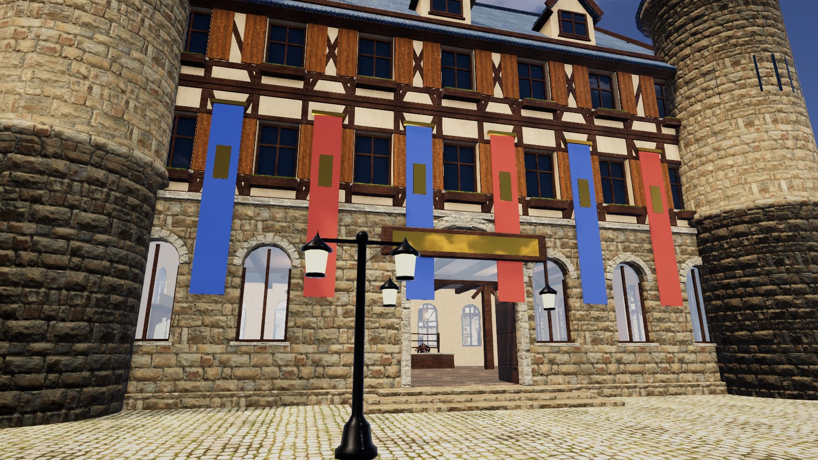 The Adventurer's Guild hall in Ashenvale, banners and lanterns over its doors