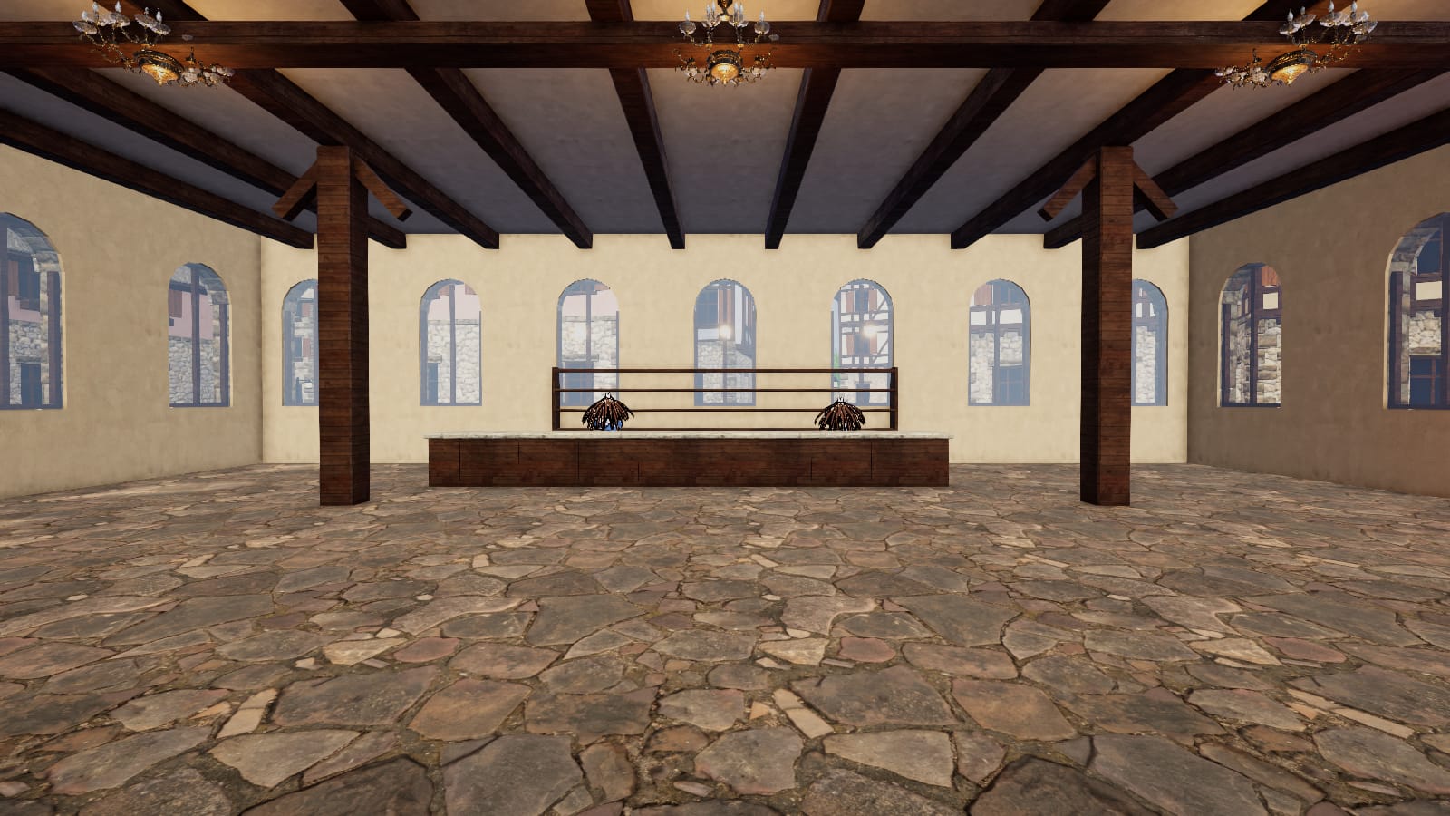 Inside the Adventurer's Guild: the reception counter beneath its chandeliers