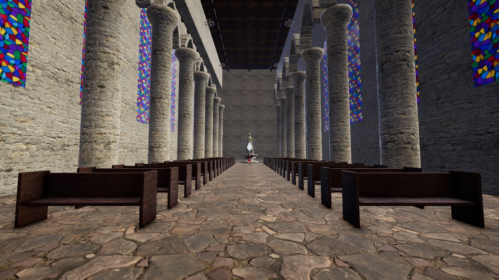 The nave of the Cathedral of the Halo: columns, hanging banners and the altar far ahead