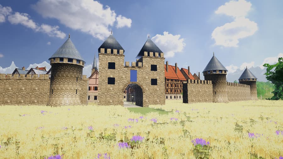 Ashenvale's south gate and walls seen from a flower field