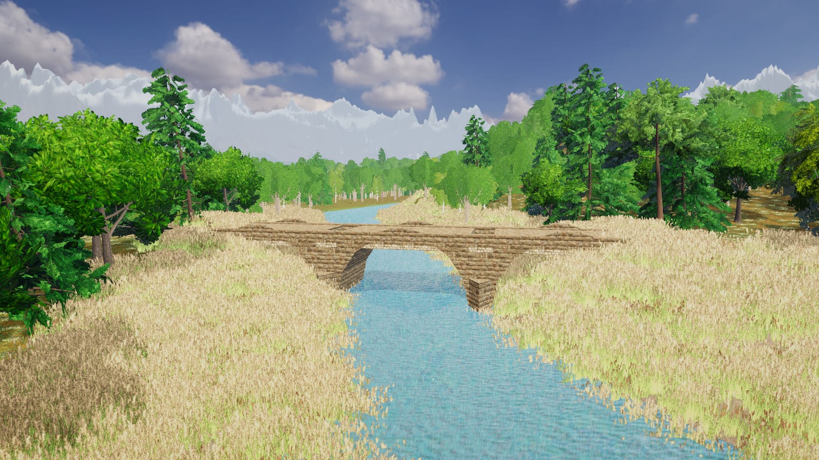 An arched stone bridge over the river, on the road out of town