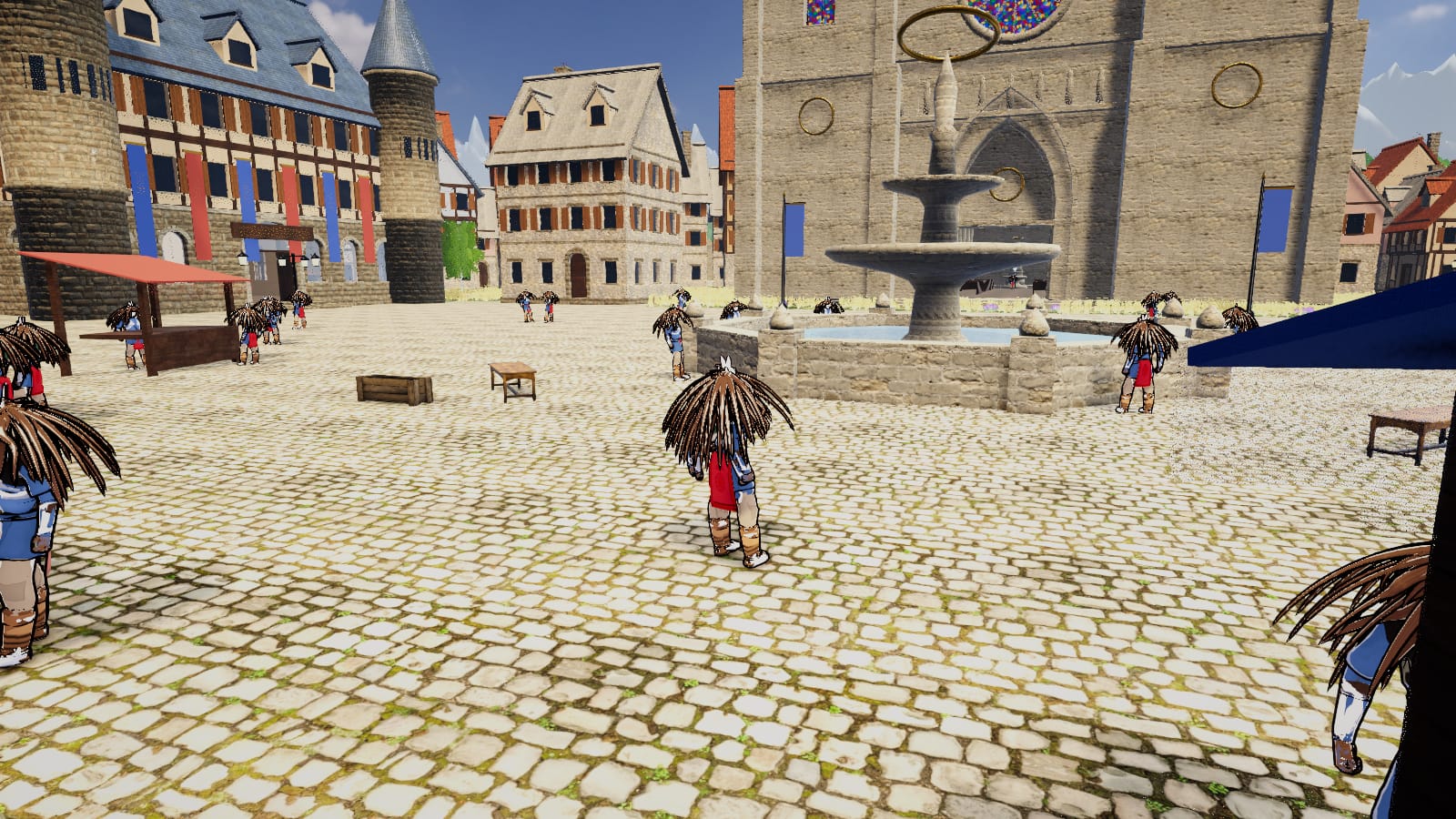 A newly made hero standing in Ashenvale's plaza before the cathedral and its fountain