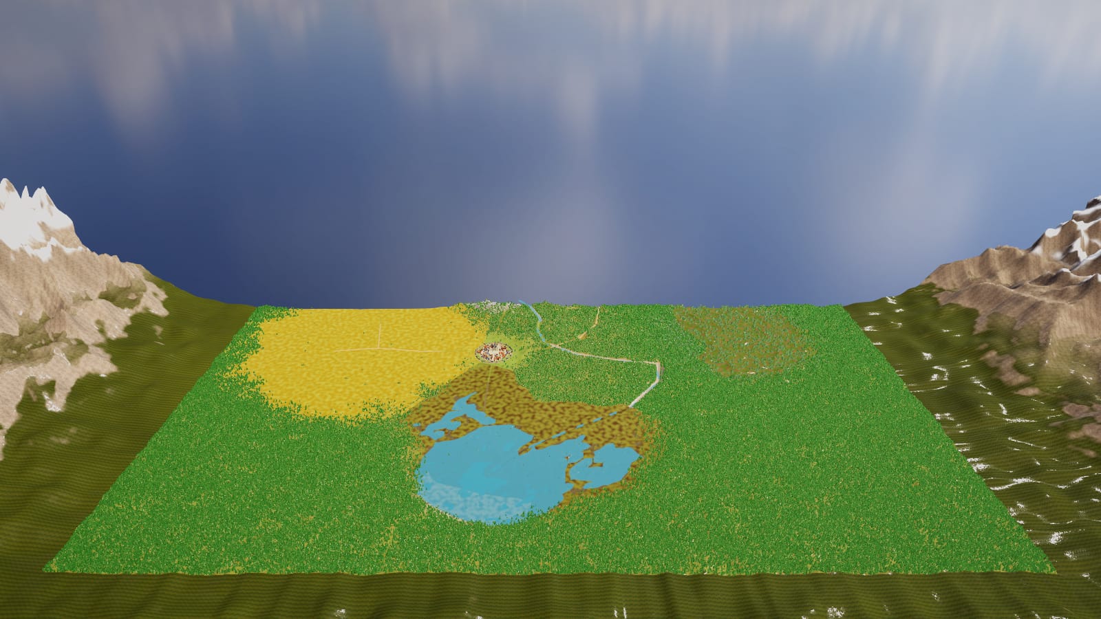 The whole of Aster Vale seen from above: plains, forest, marsh and the town between them