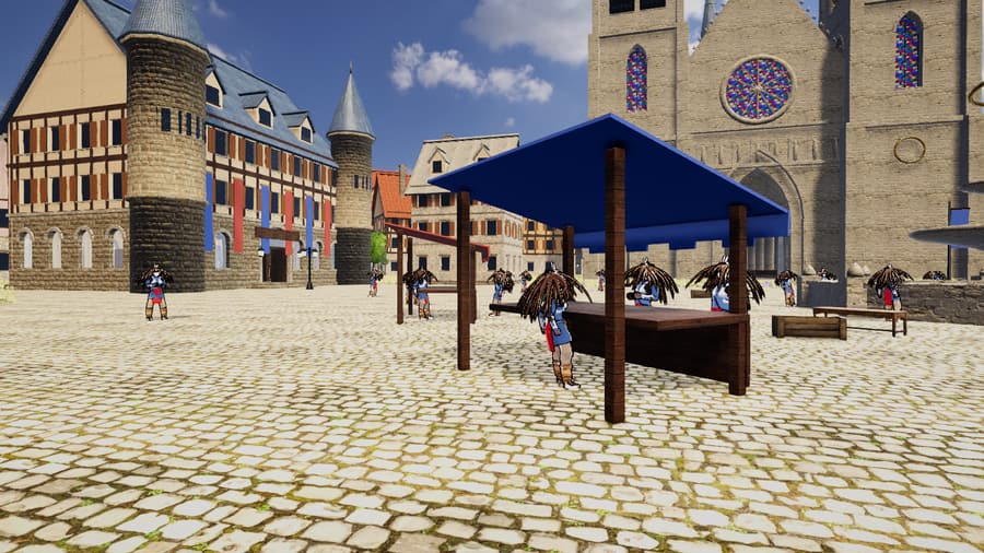 Adventurers gathering at a market stall in the plaza