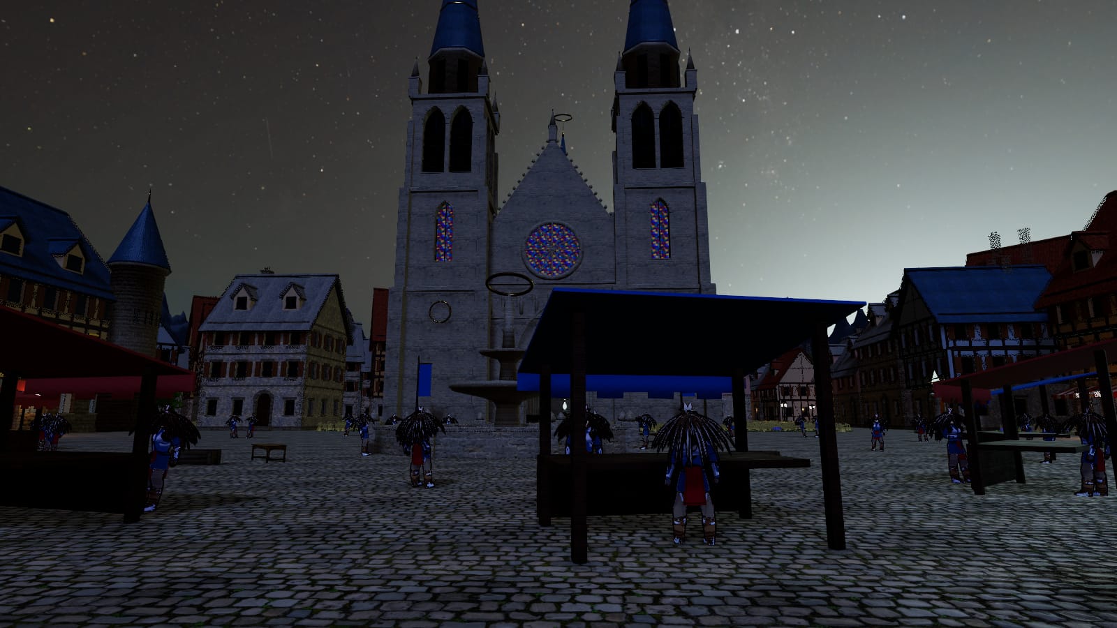 Ashenvale's plaza under a starlit night sky