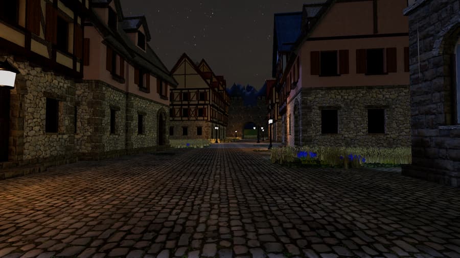 A lamplit street at night, stars over the gatehouse