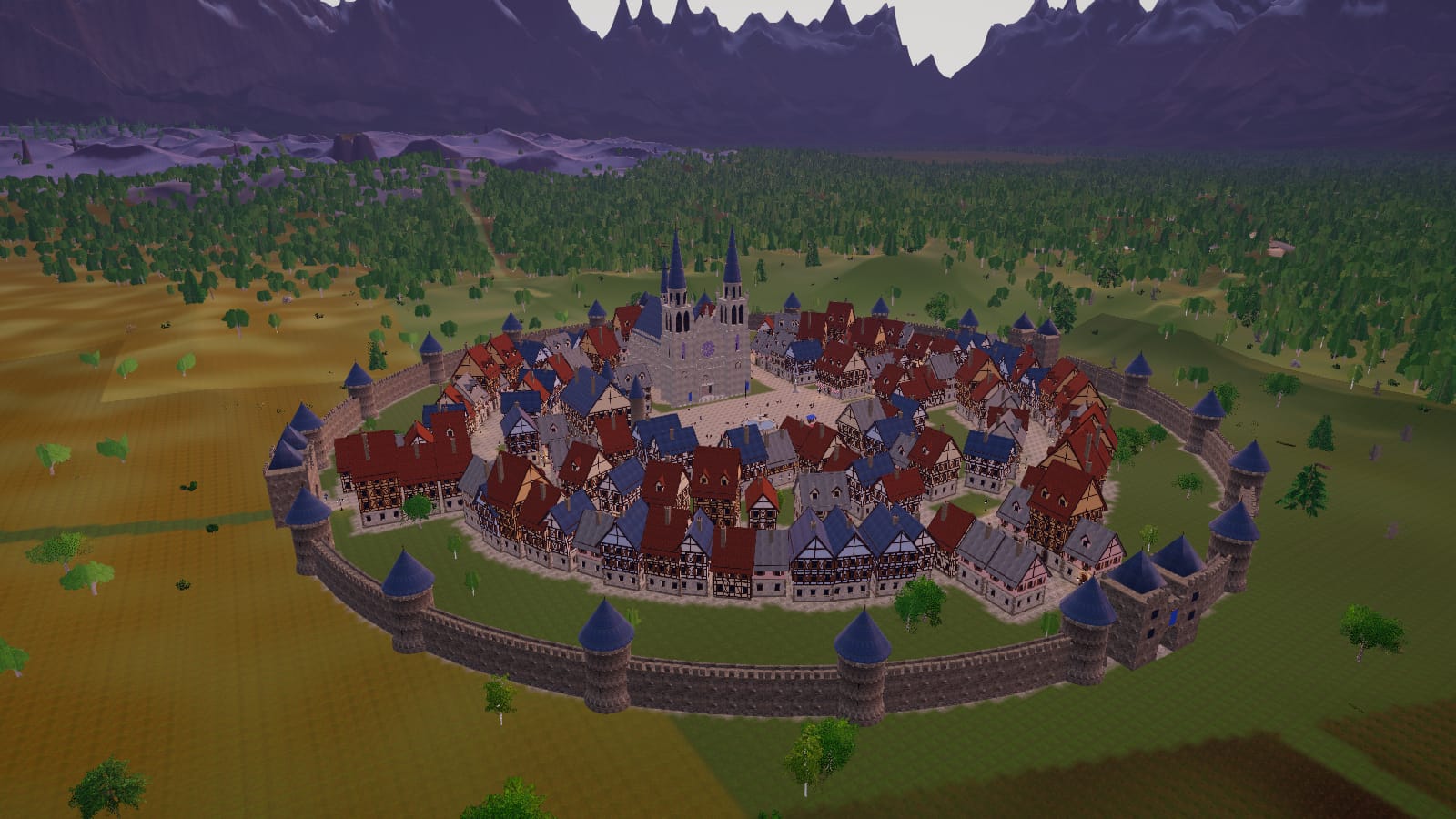 Ashenvale at dusk from above, the mountains turning violet